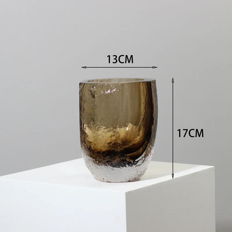 Afralia™ Brown Glazed Glass Vase Hammer Cut Decorative Handicraft Flower Arrangement Ornaments