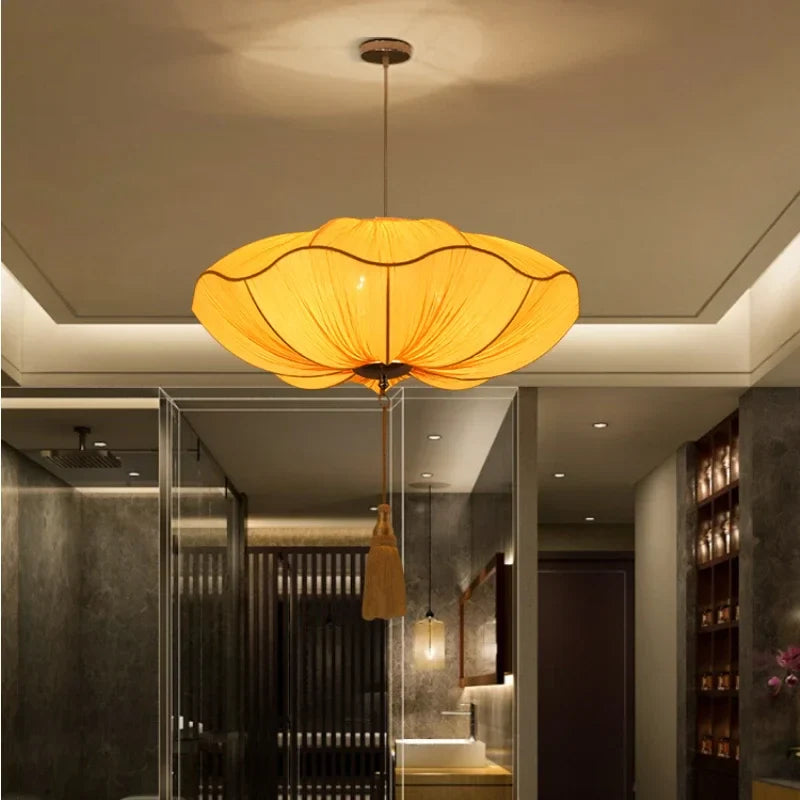 Afralia™ Lotus Leaf Lantern Pendant Light Handmade Fabric Hanging Lamp for Kitchen & Restaurant