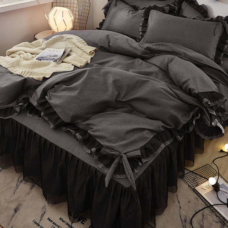 Afralia™ Korean Bed Skirt Set with Ruffled Edges - Solid, Skin-Friendly Bedding Kit