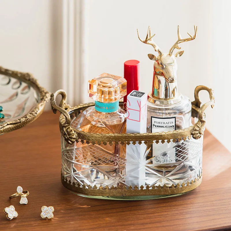 Afralia™ Brass & Carved Glass Jewelry Makeup Pen Storage Box Dry Fruit Snack Plate