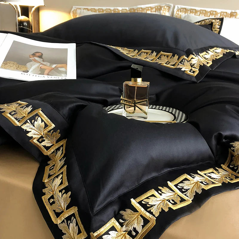 Afralia™ Luxury Black Gold Embroidery Bedding Set - Queen King Size Bed Linen Pillowcases