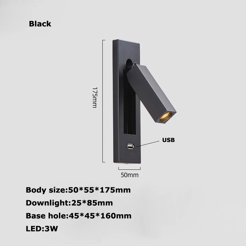 Afralia™ LED Wall Lamp with Switch, USB Port, Rotatable - Bedroom Reading Light