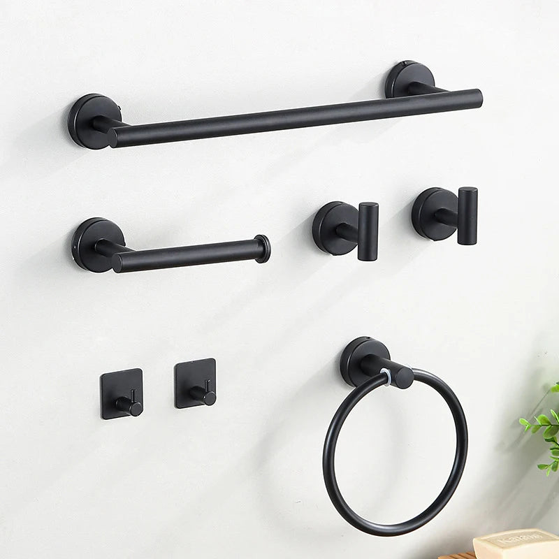 fralia™ Wall Mount Matte Black Bathroom Stainless Steel Towel Bar Towel Ring Paper Holder Hook - Modern Bath Accessories Set