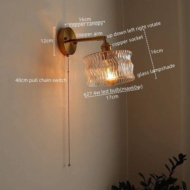 Afralia™ LED Glass Copper Wall Sconce Pull Chain Switch Lamp for Bedroom Living Room