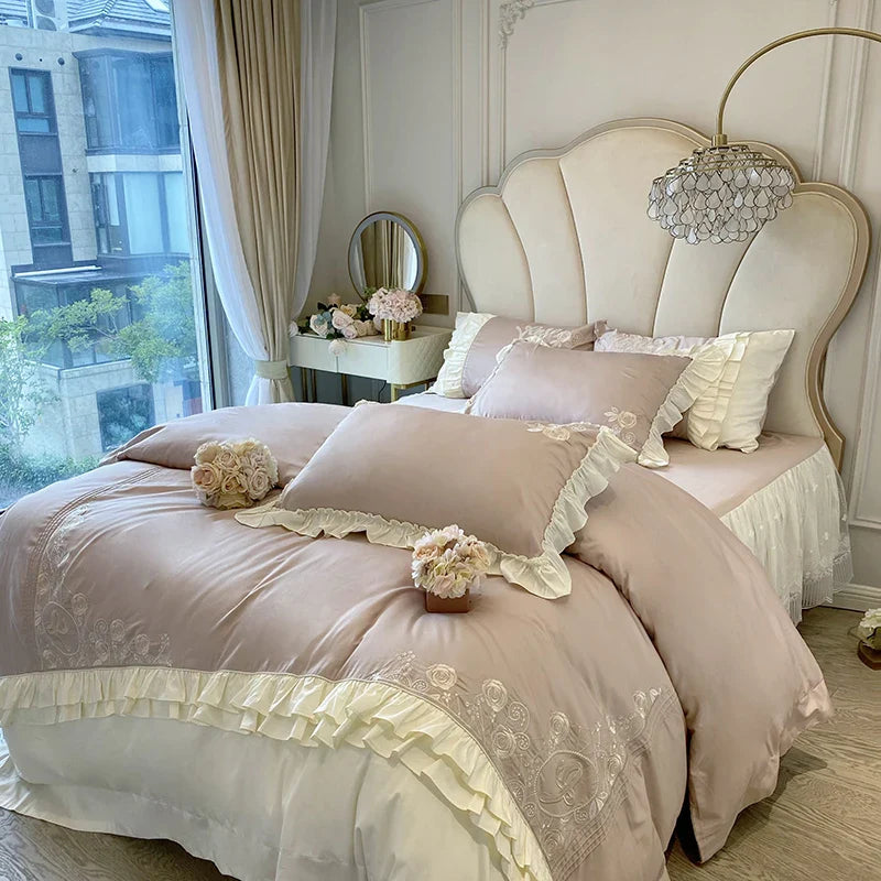 Afralia™ 1000TC Egyptian Cotton Flowers Embroidery Bedding Set with Vintage French Ruffles.