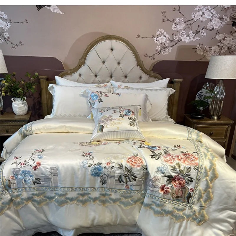 Afralia™ Luxe Peony Embroidered Bedding Set with Egyptian Cotton, Duvet Cover, Sheet, Pillowcase