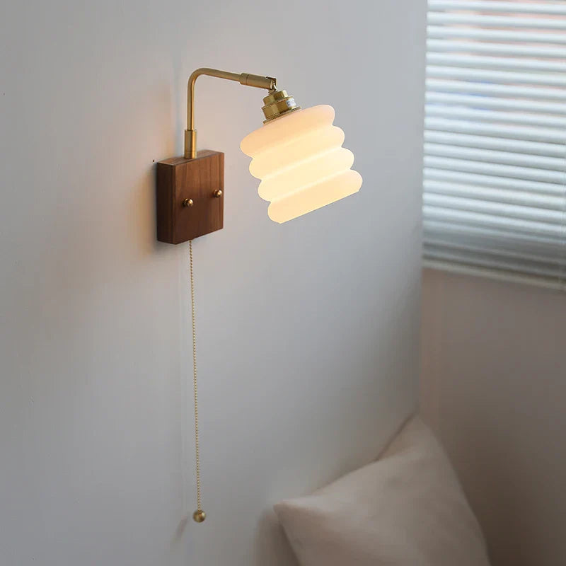 Afralia™ Walnut Wood Rotatable LED Wall Sconce White Glass Bedside Lamp