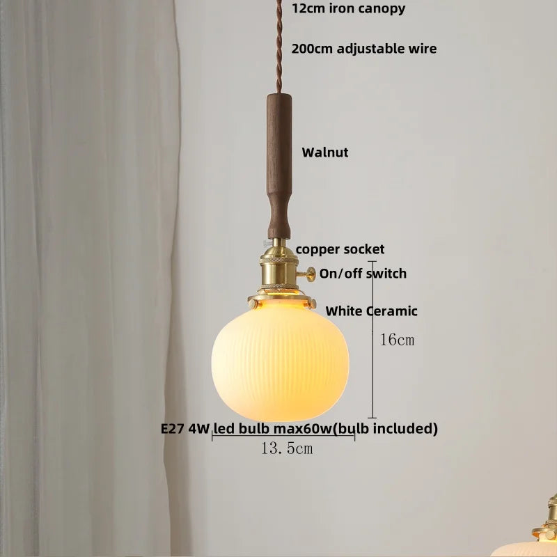 Afralia™ Walnut LED Pendant Light | Nordic Modern Glass Hang Lamp with Brass Knob Switch
