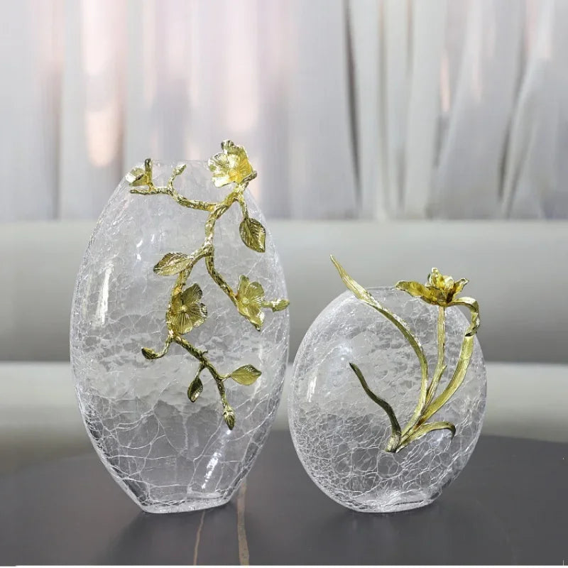 Afralia™ Round Golden Embossed Glass Vase for Home Decoration