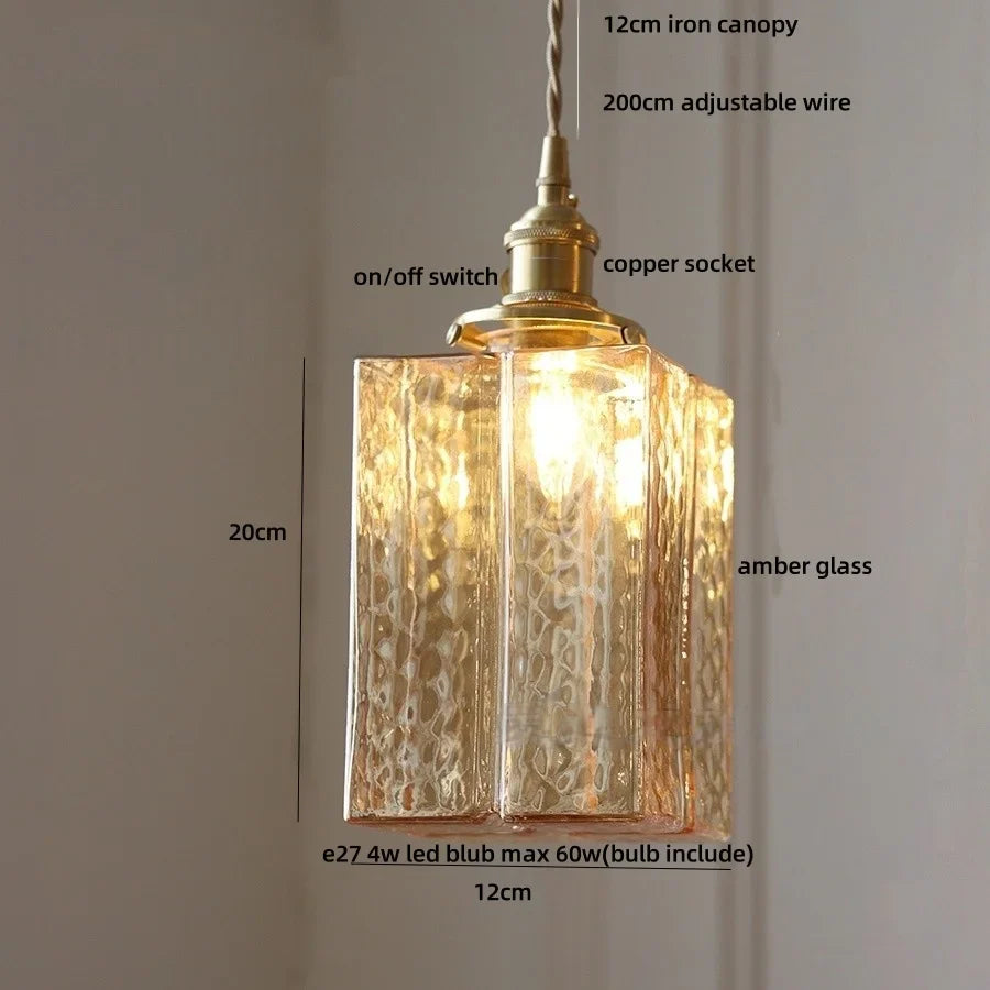 Afralia™ Cube Amber Glass LED Pendant Lamp | Modern Hanging Light Fixtures