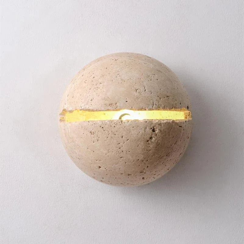 Afralia™ Yellow Travertine LED Wall Lamp Round Bedside Light Fixtures