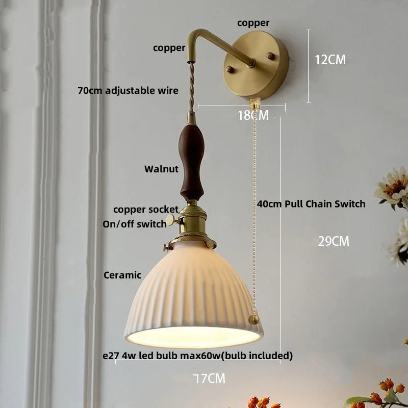 Afralia™ Copper Ceramic LED Wall Light Fixture Pull Chain Switch Modern Wall Lamp