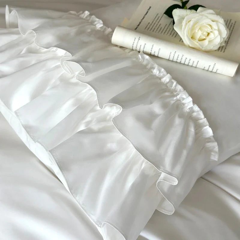 Afralia™ White French Princess Double Ruffles 1000TC Cotton Bedding Set