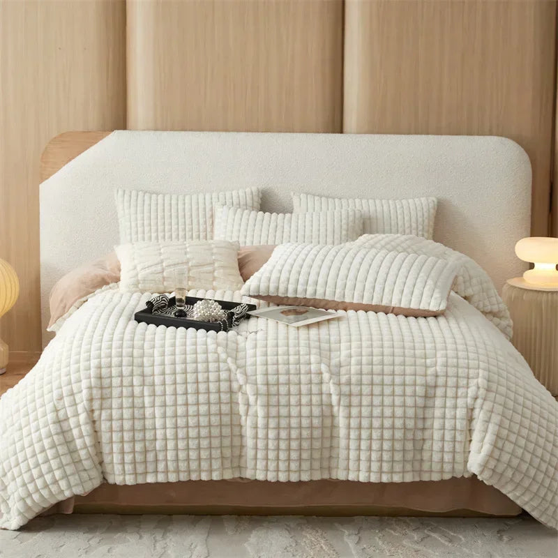Afralia™ Faux Fur Bedding Set: Double Queen King Size Duvet Cover Sheet Pillowcase