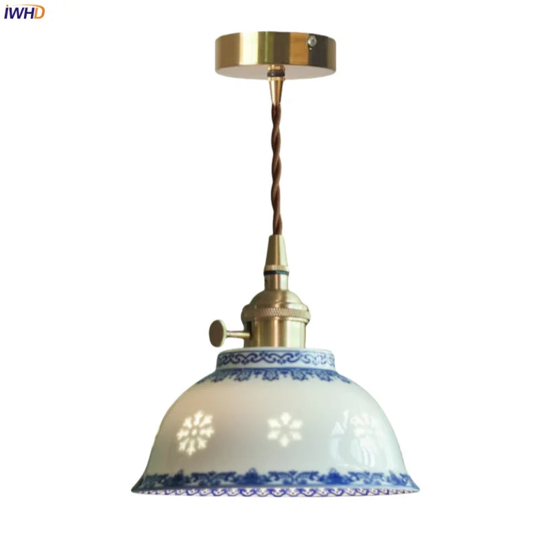 Afralia™ Patterned Ceramic LED Pendant Lamps Vintage Copper Hanging Light for Dining Living Room