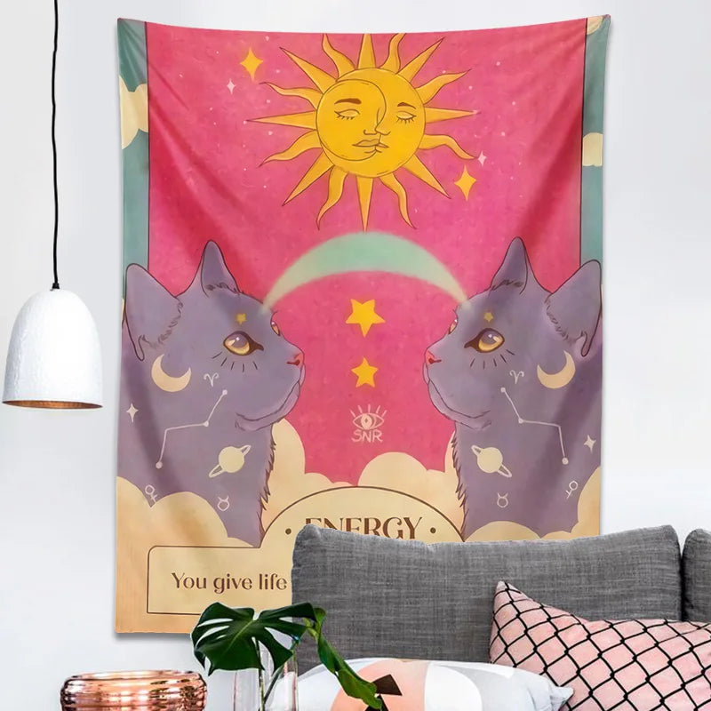 Afralia™ Tarot Constellation Cat Energy Wall Art Tapestry - Sun Moon Decor