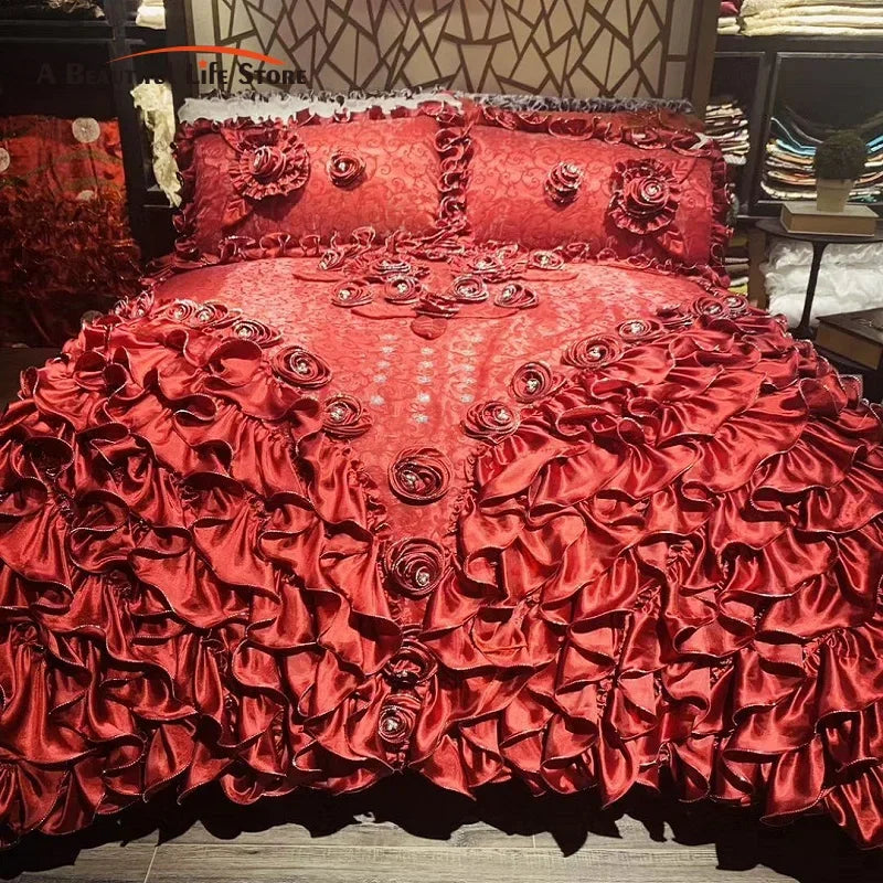 Afralia™ Jacquard Rose Lace Bedding Set, Luxurious European Style, Red & Champagne