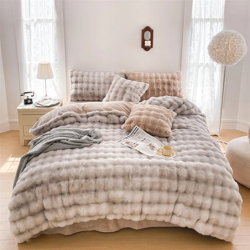 Afralia™ Velvet Fleece Princess Bedding Set in Pink Purple Grey Gradient, Luxury Duvet Cover & Faux Rabbit Fur