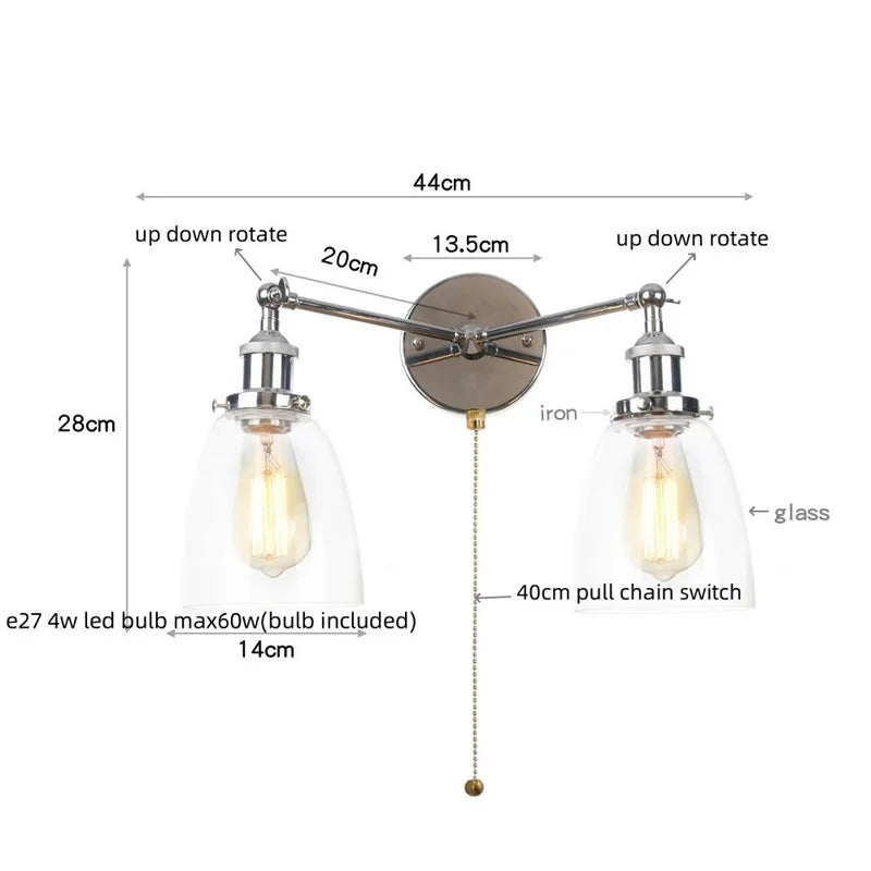 Afralia™ Retro LED Wall Light with Pull Chain Switch, 2 Heads Sconce for Living Room