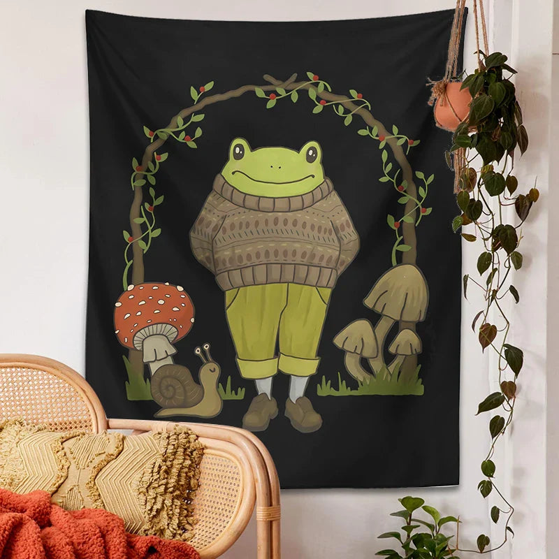 Frog Mushroom Aesthetic Tapestry Wall Hanging for Bedroom by Afralia™