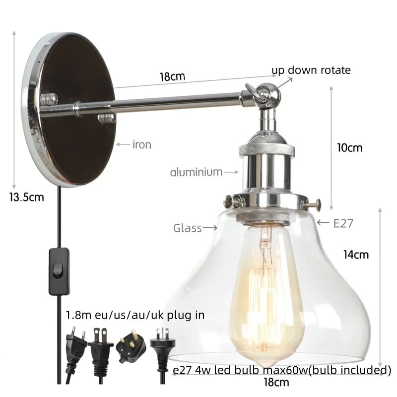 Afralia™ Industrial Vintage Silver Glass Wall Lamp for Bedroom Kitchen Balcony Bedside