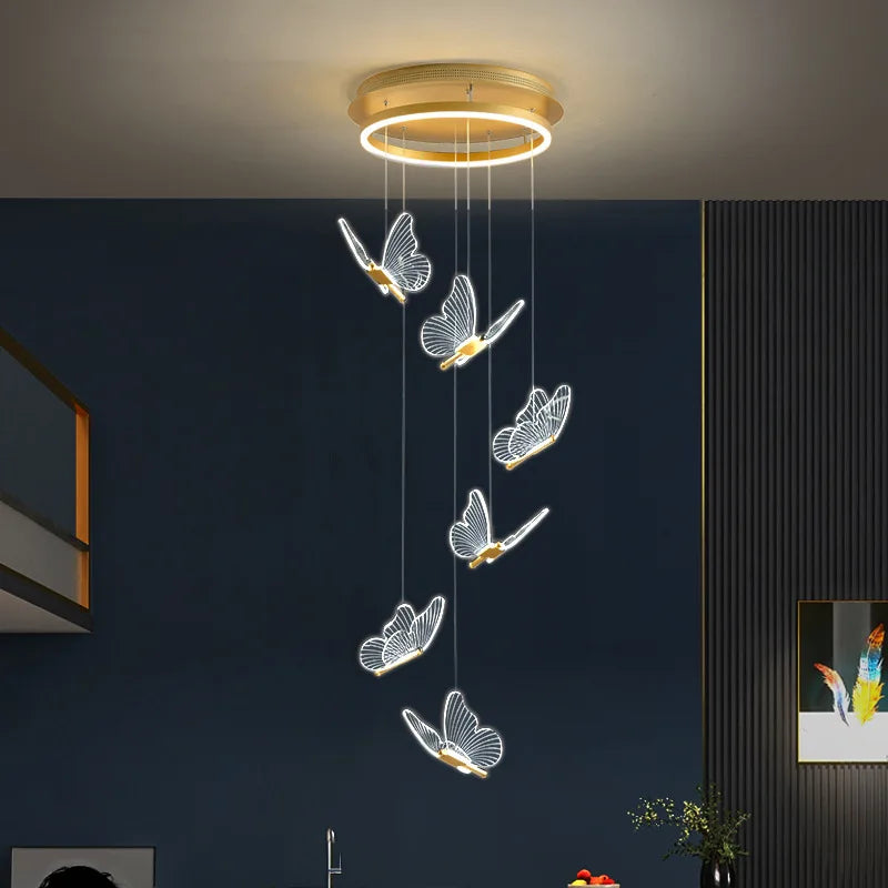 Afralia™ Gold LED Butterfly Pendant Lights for Home Staircase, Living Room, Bedroom Chandeliers