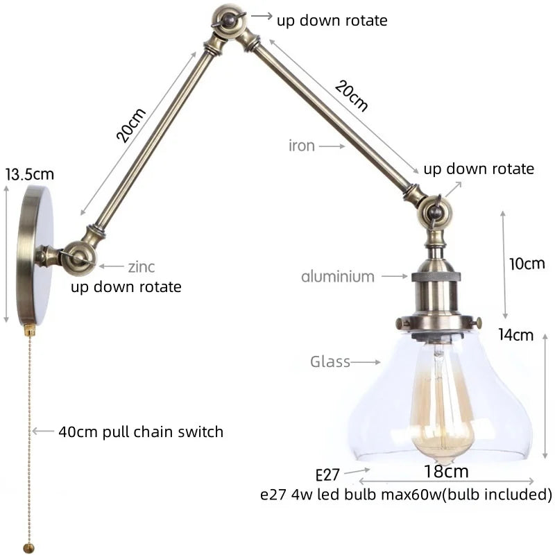 Afralia™ Loft LED Industrial Swing Arm Lamp with Clear Glass Mirror Light