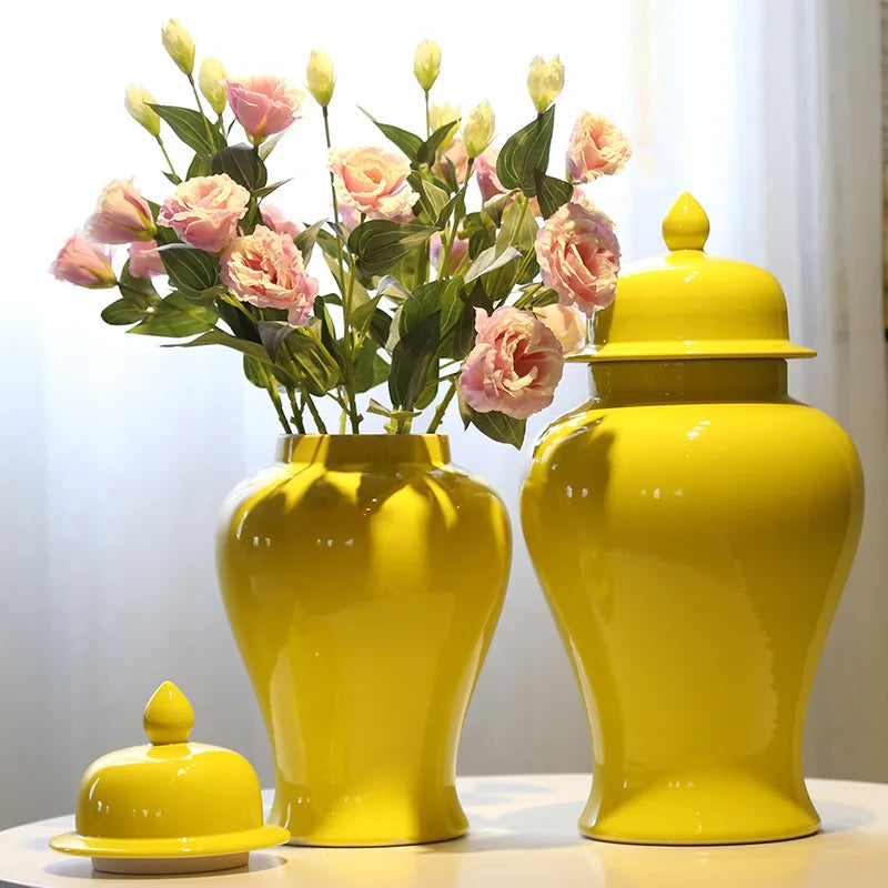 Afralia™ Yellow Ceramic Ginger Jar Vase: Chinese Decor for Home Decoration & Storage