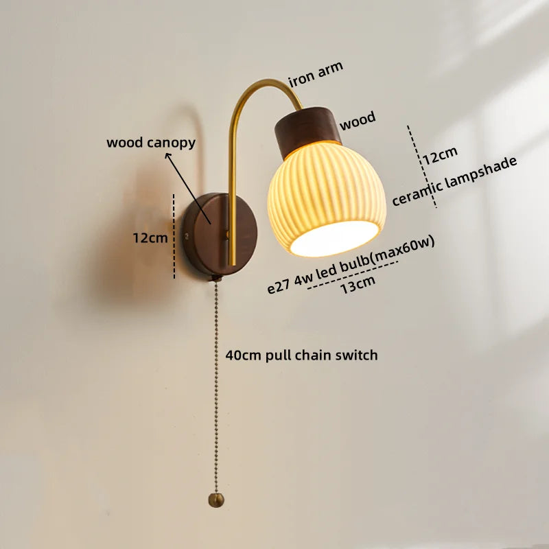 Afralia™ Ceramic Wood LED Wall Sconce Pull Chain Switch for Living Room Bedroom Hallway