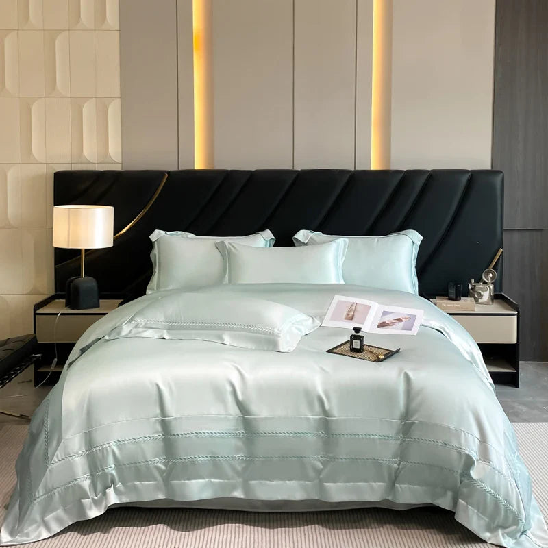 Afralia™ Embroidered Ice Silk Bedding Set: Soft Duvet Cover, Sheet, Pillowcases 4Pcs