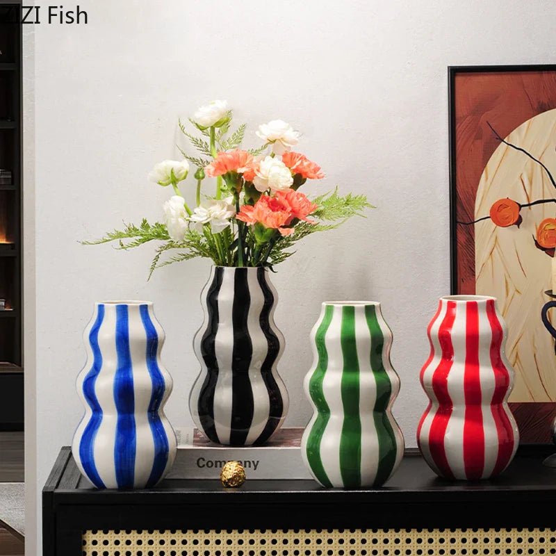 Afralia™ Striped Ceramic Vase for Table Decoration and Flower Arrangement