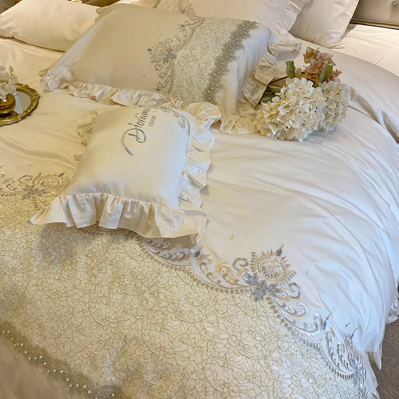 Afralia™ Embroidered Ruffles Beads Bedding Set with Egyptian Cotton Duvet Cover