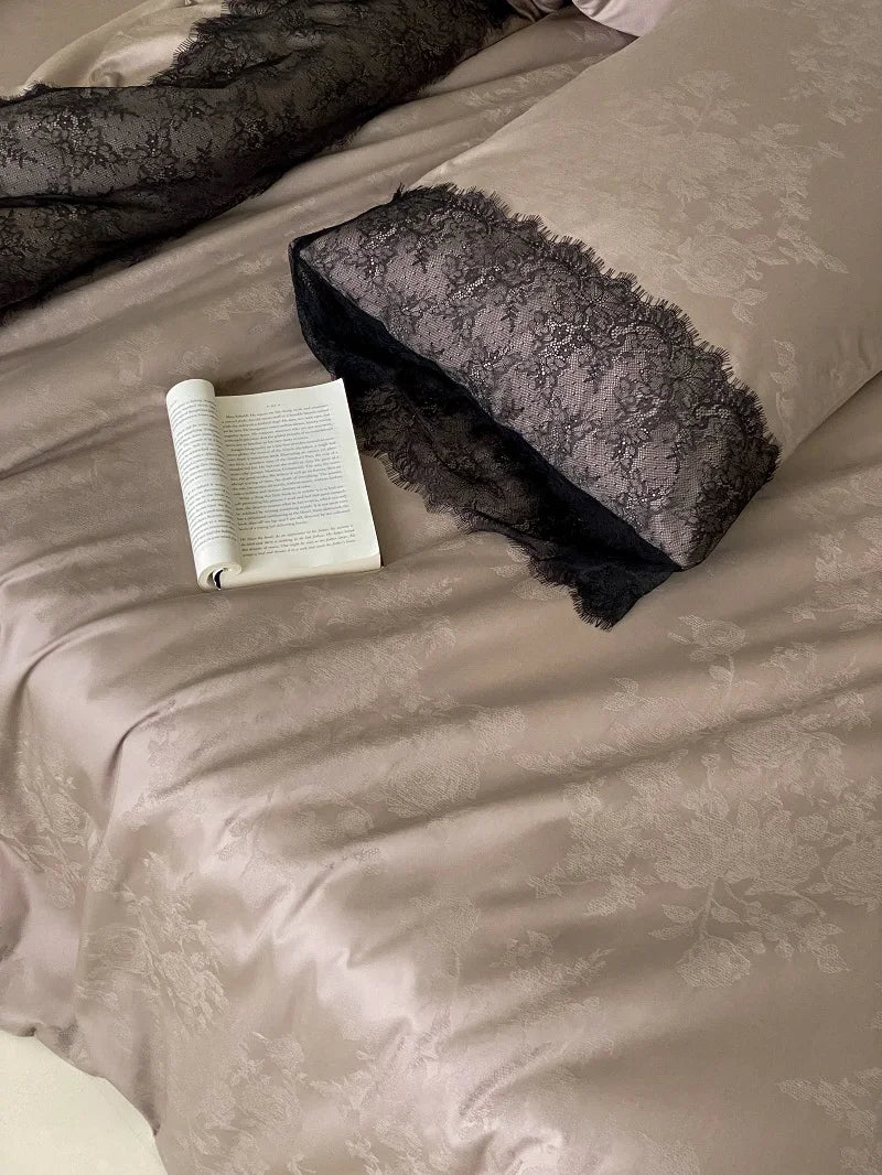 Afralia™ Silky Egyptian Cotton Lace Edge Bedding Set with Duvet Cover, Sheet & Pillowcases