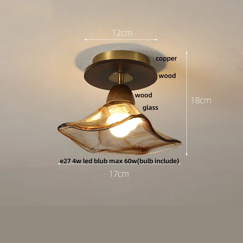 Afralia™ Amber Ice Crack Glass Wood Ceiling Light - Nordic Modern LED Fixture