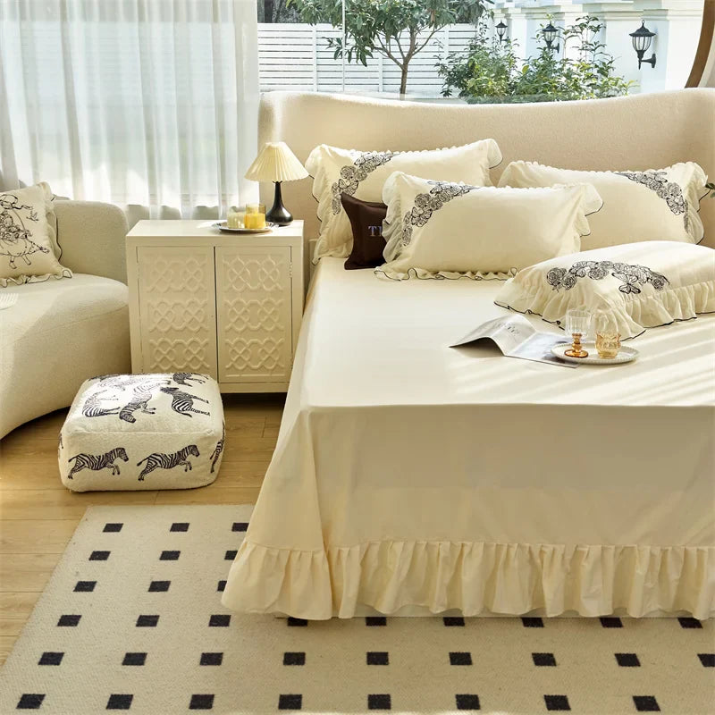 Afralia™ Vintage Rose Butterfly Lace Ruffles Princess Bedding Set: 100S Egyptian Cotton