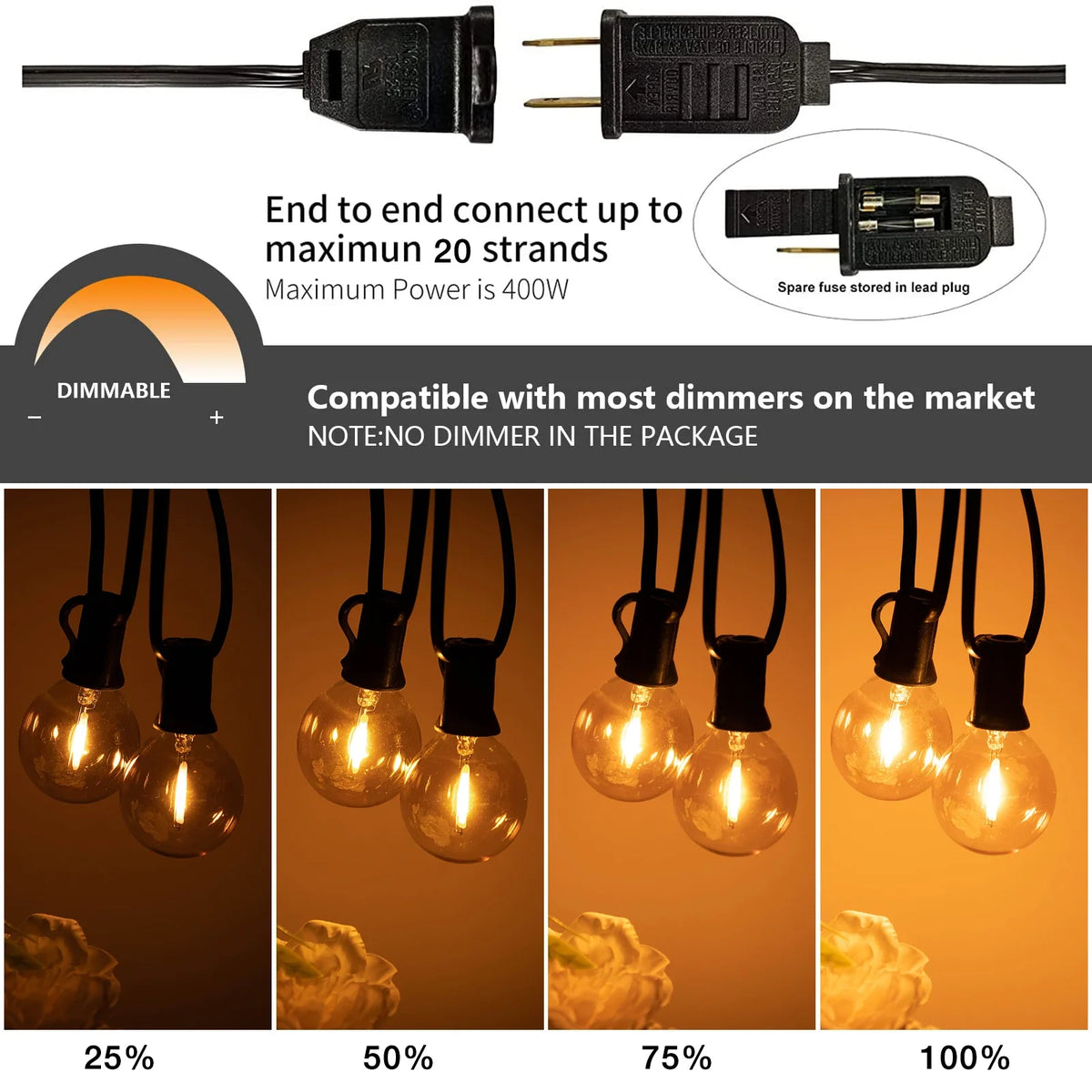 Afralia™ Amber Glass Bulb Dimmable LED String Lights Connectable for Party Wedding Decor