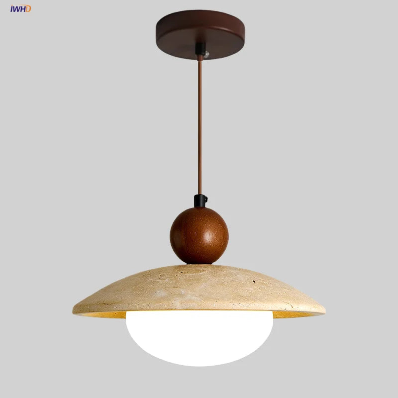 Afralia™ Globe LED Pendant Light Yellow Travertine Stone White Glass Adjust Hang Lamp