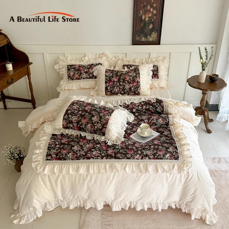 Afralia™ French Rose Flowers Pattern Bedding Set, 100% Cotton, Ruffles, Duvet Cover, Bed Skirt