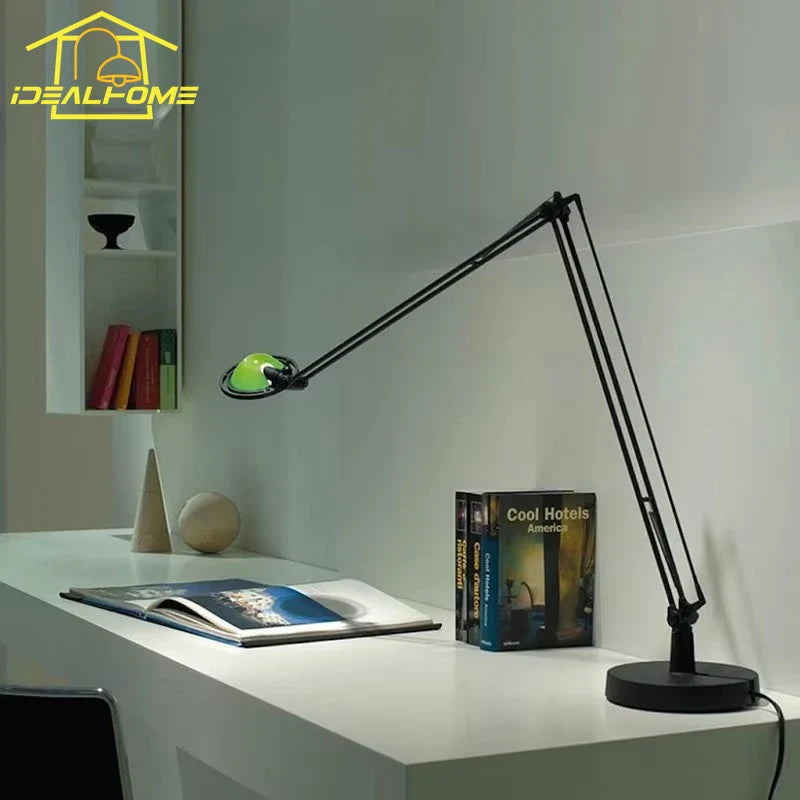 Afralia™ Industrial Black/Chrome LED Rocker Arm Desk Light with Adjustable Arm