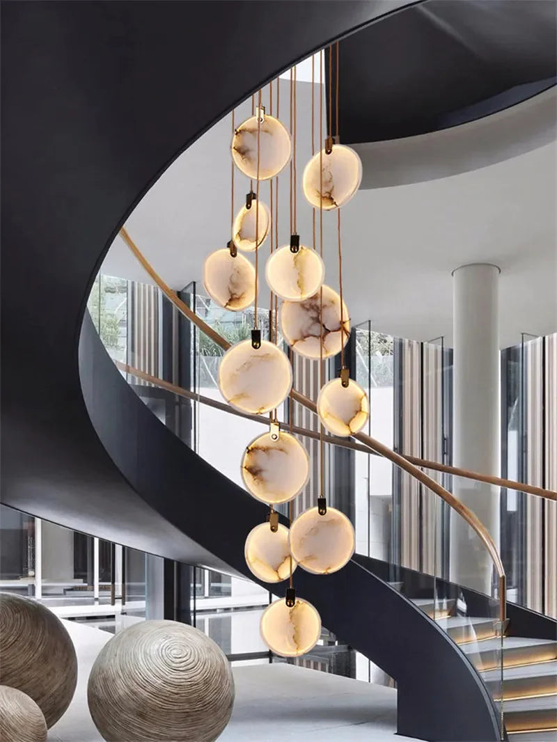 Afralia™ Marble LED Chandelier Staircase Lobby Light Gold Stone Fixture