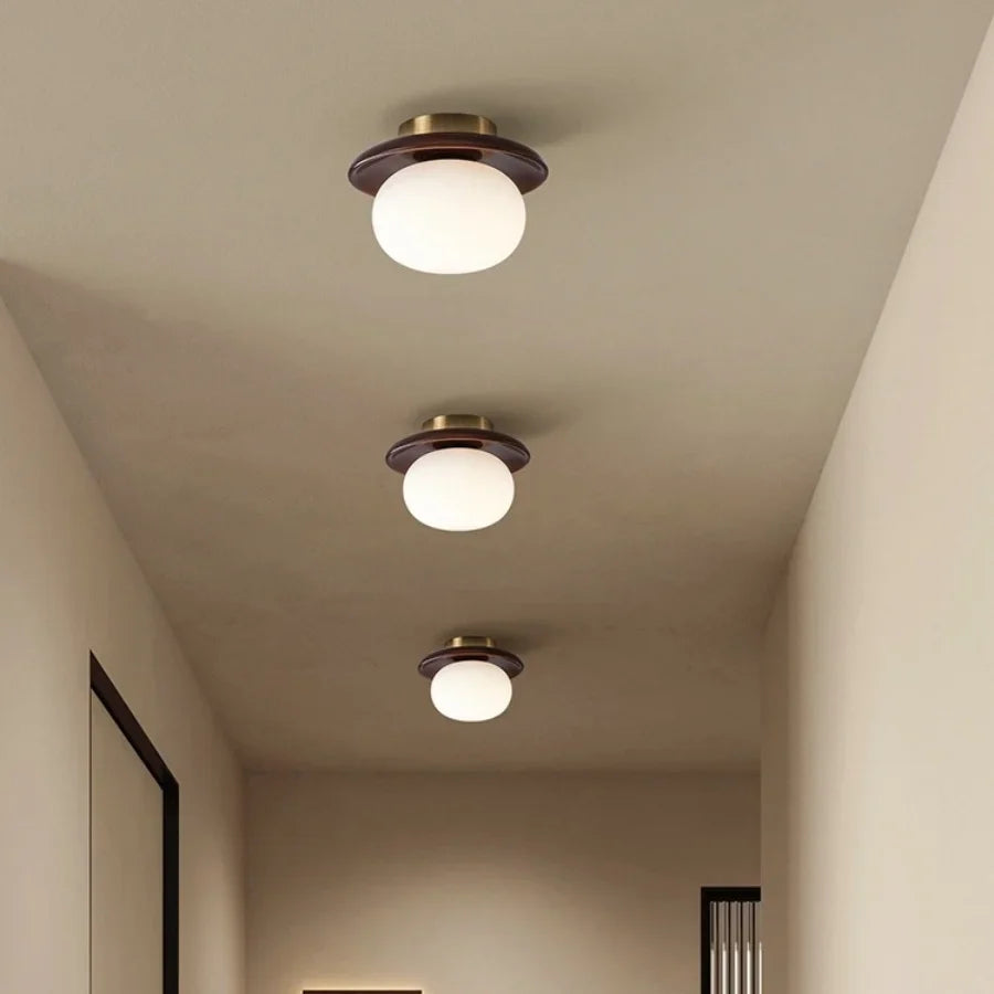 Afralia™ White Glass LED Ceiling Light Fixture with Wood Copper Canopy