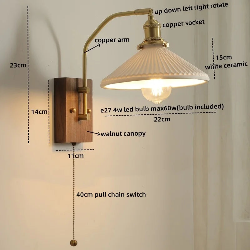 Afralia™ Copper Glass LED Wall Lights Pull Chain Switch Bedside Lamp for Bedroom Living Room