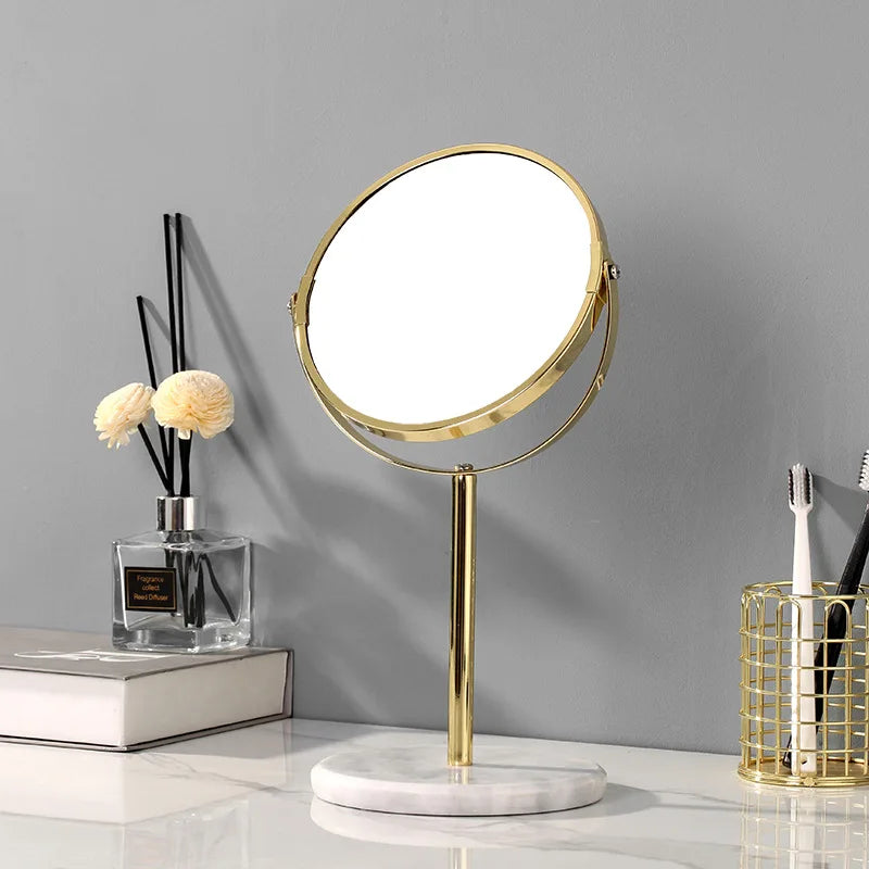 Afralia™ Marble Makeup Vanity Mirror Golden Stand 2X Magnifier Rotation