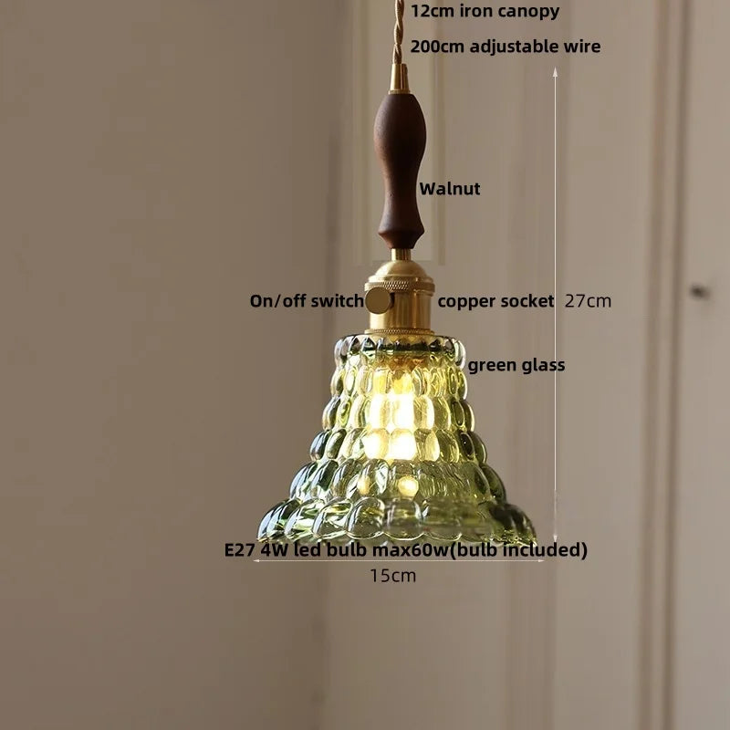 Afralia™ Flower Glass LED Pendant Lamp Walnut Wood Knob Switch Copper Socket