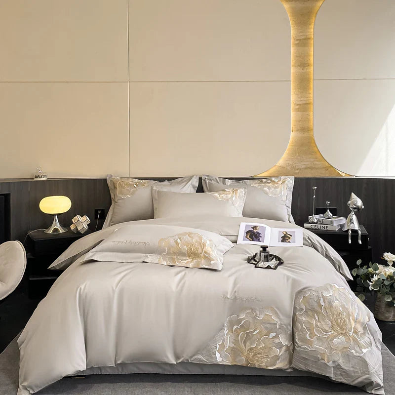 Luxury Flowers Embroidery Bedding Set by Afralia™: Duvet, Sheet, Pillowcases 4Pcs