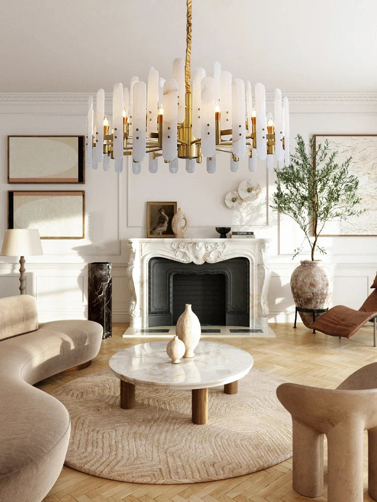 Afralia™ Gold Chrome LED Alabaster Chandelier for Dinning Room