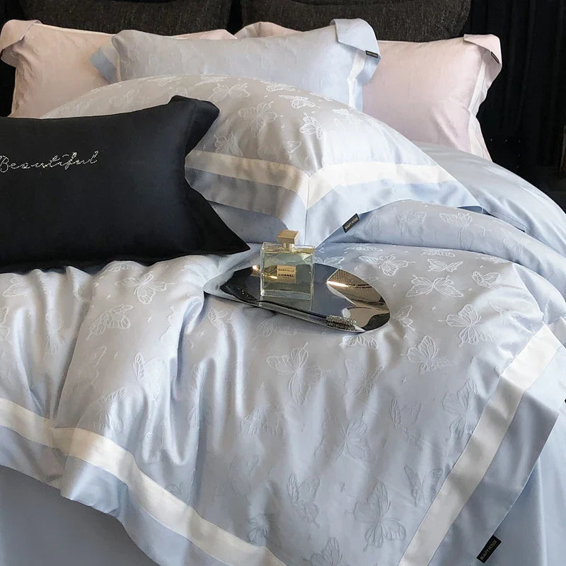 Afralia™ Butterfly Jacquard Bedding Set - 4Pcs Brushed Lyocell Cotton Duvet Cover & Sheet