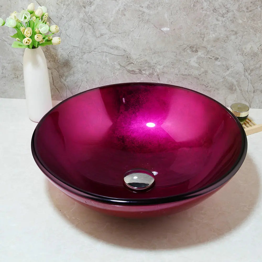 Afralia™ Rose Red Tempered Glass Basin Sink and Faucet Set for Bathroom Vanity