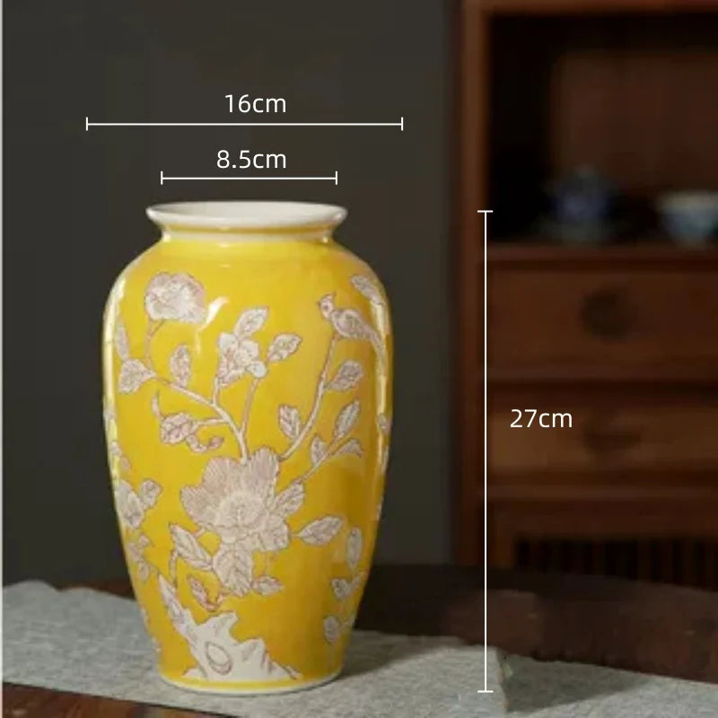 Afralia™ Yellow Ceramic Qinghua Porcelain Vintage Flower Vase