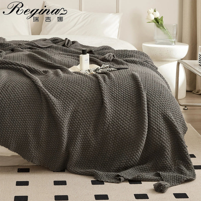 Afralia™ Nordic Acrylic Knitted Blanket - Soft Tassels Mossstitch Design - Warm Sofa Bed TV Blanket